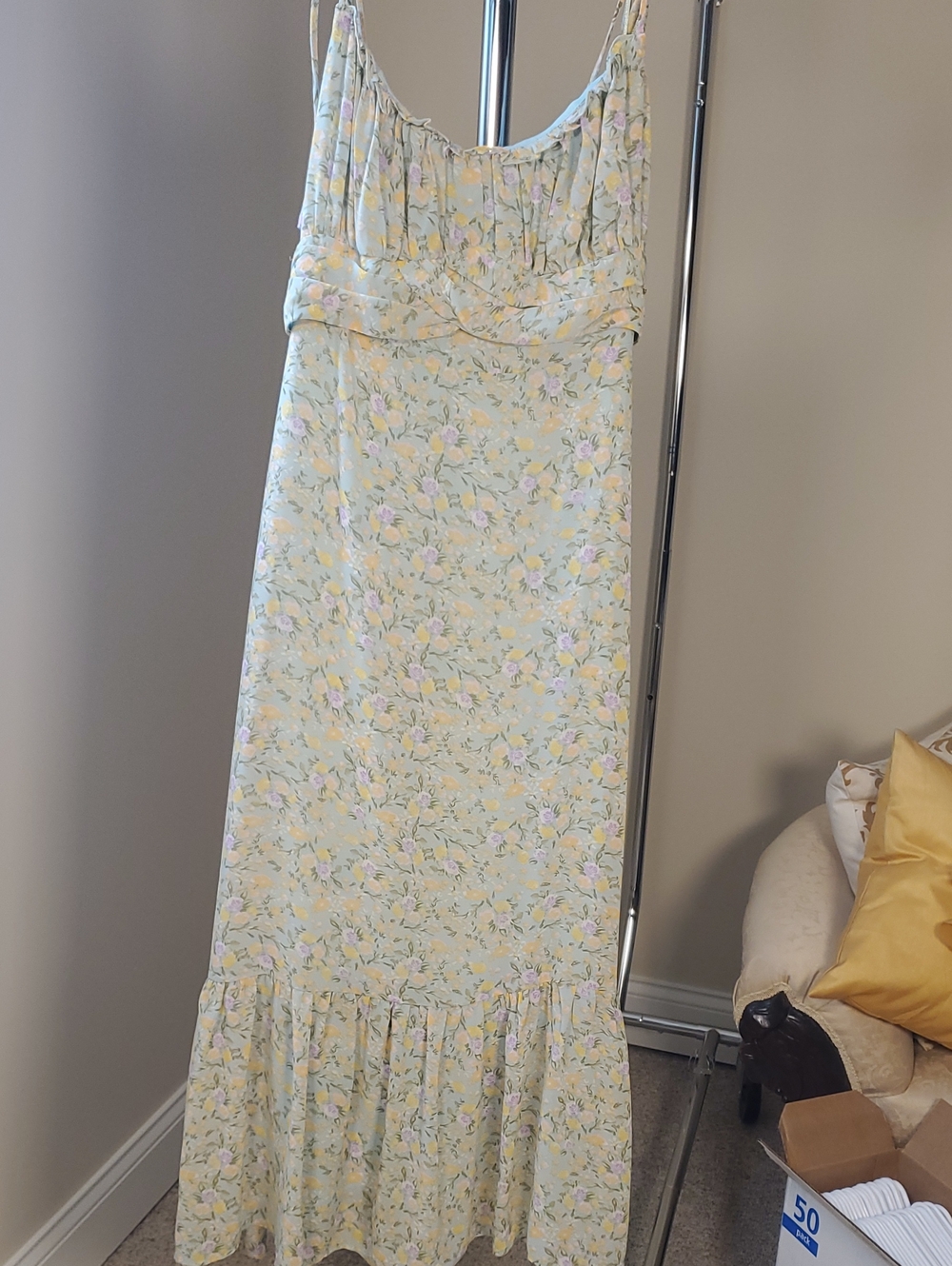 Lush Pale Yellow Floral Maxi Dress with Pink Accents